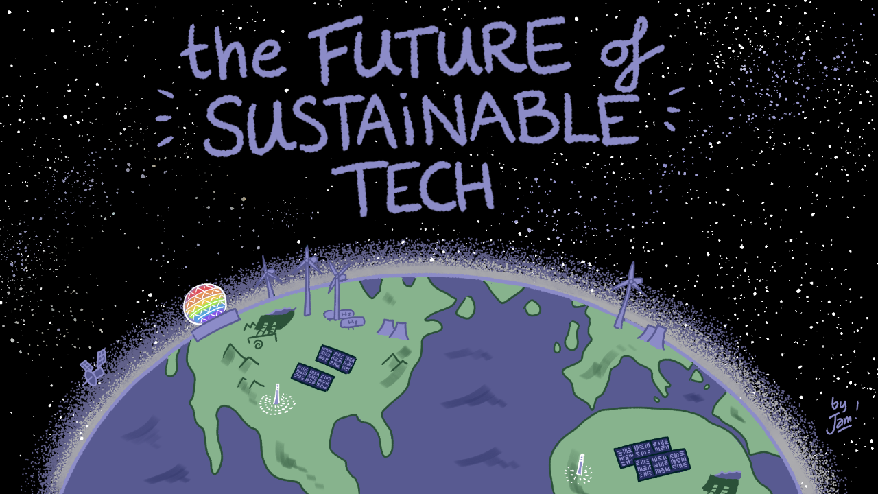 The Future of Sustainable Tech - Title Card Illustration. A drawing of the earth, with many sustainable technologies visible across the continents.
